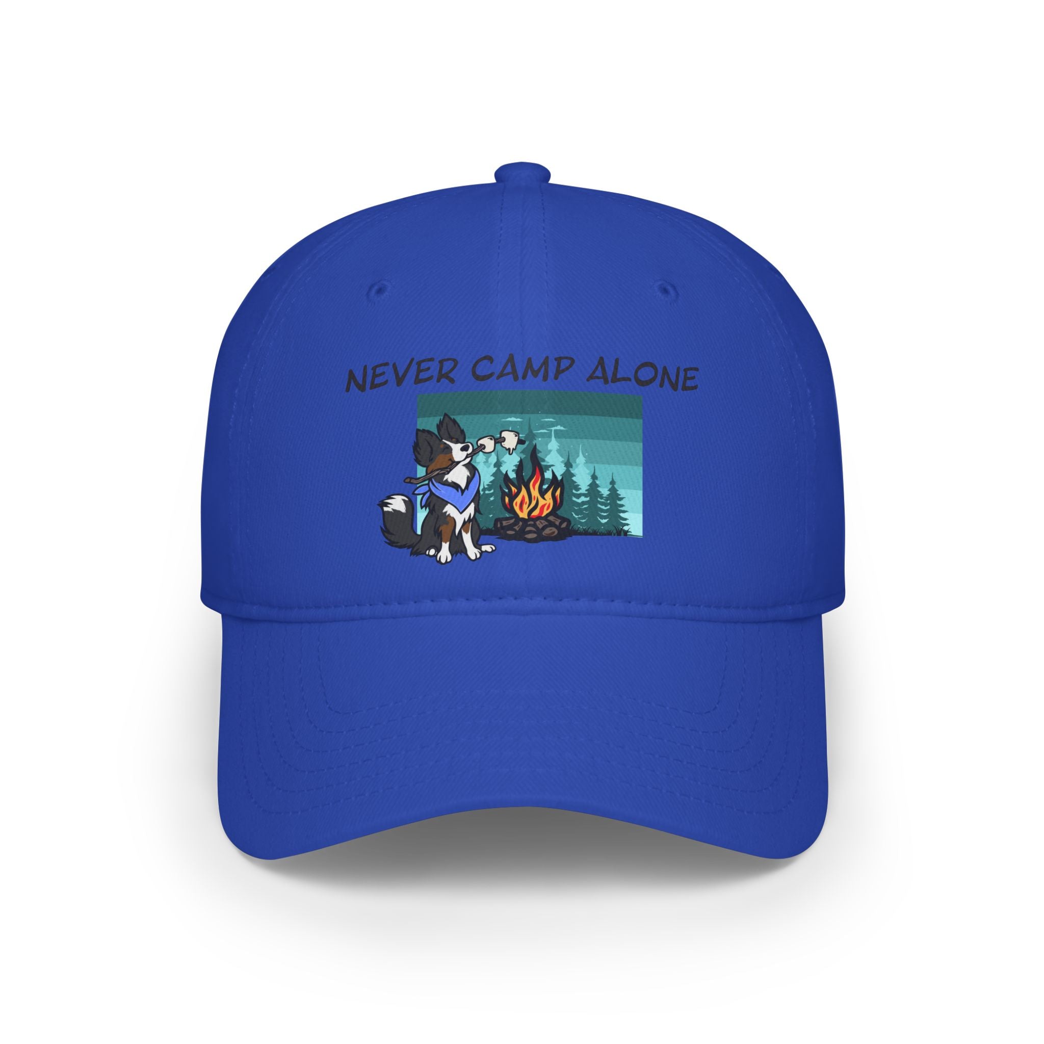 Never Camp Alone Hat — Camping Cap with Dog & Campfire Design