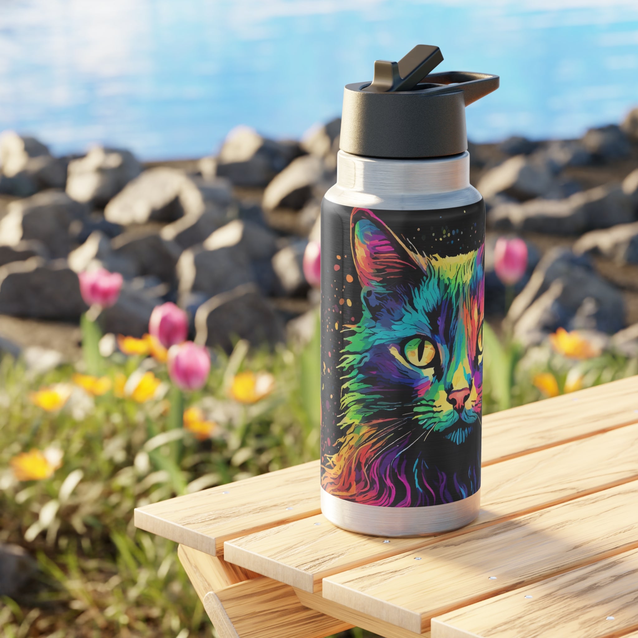 Colorful Cat Stainless Tumbler — 32oz Rainbow Neon Kitty Water Bottle