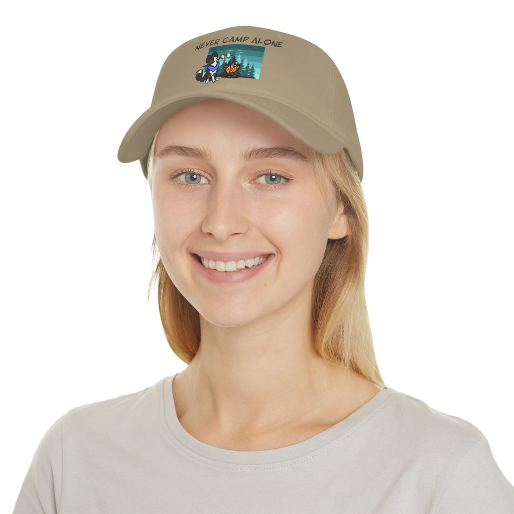 Never Camp Alone Hat — Camping Cap with Dog & Campfire Design