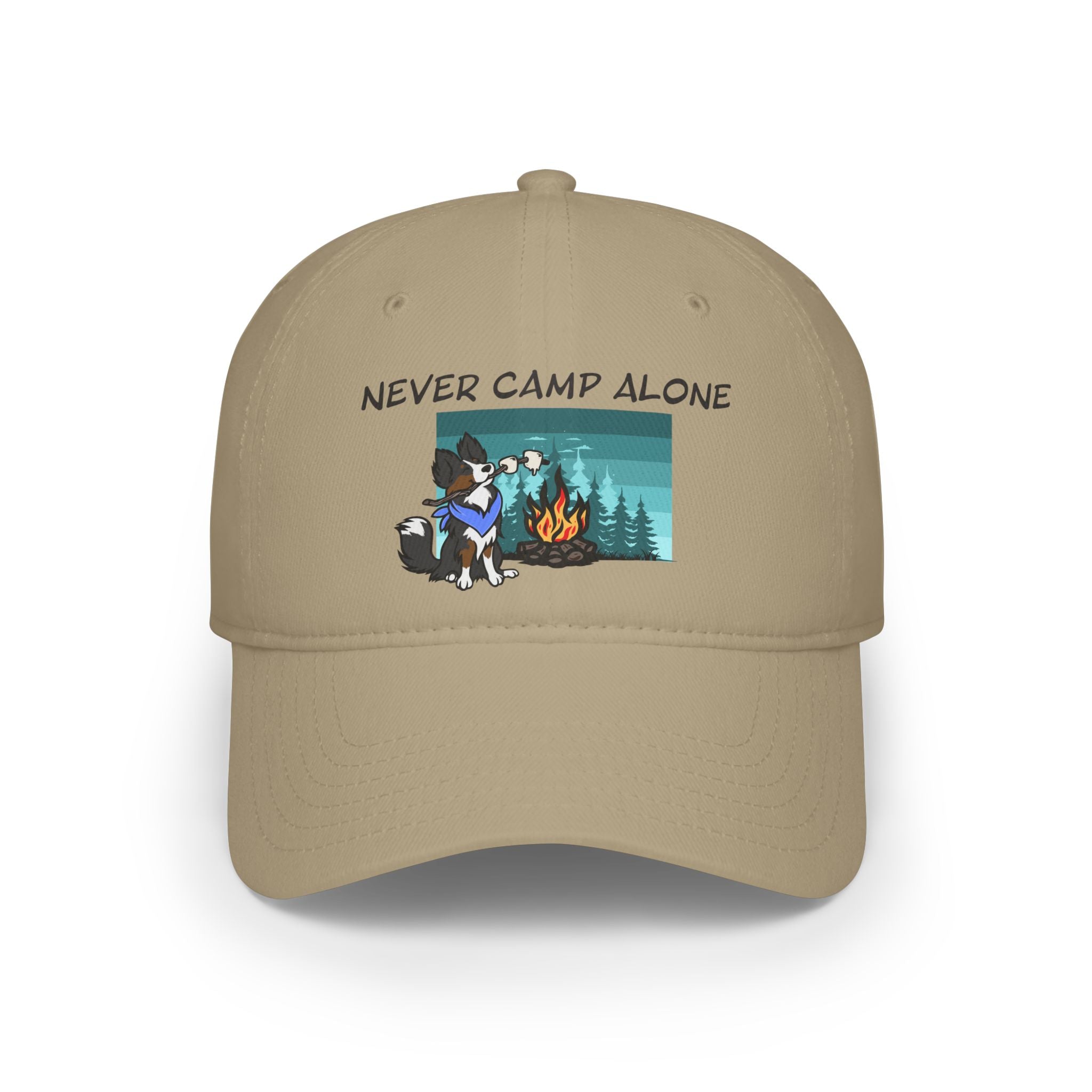 Never Camp Alone Hat — Camping Cap with Dog & Campfire Design