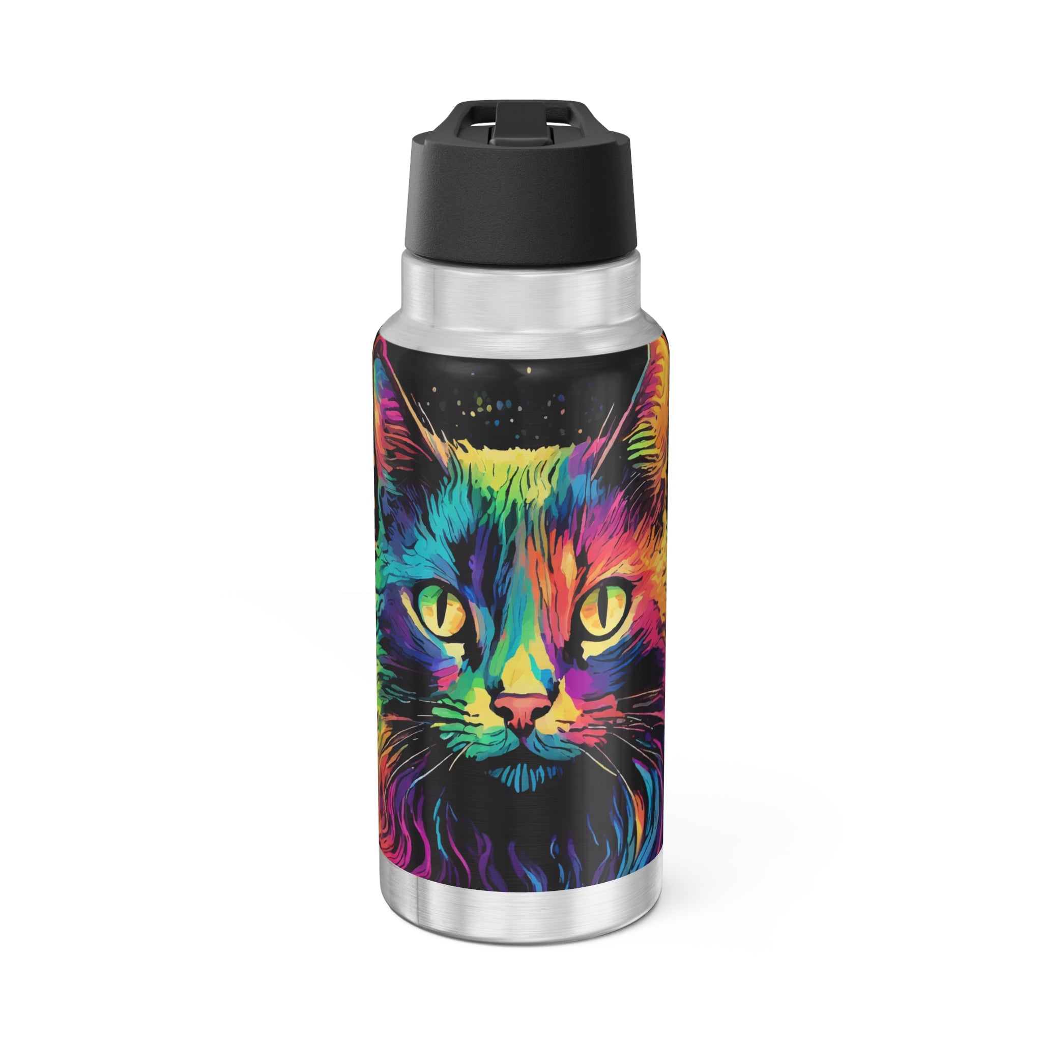 Colorful Cat Stainless Tumbler — 32oz Rainbow Neon Kitty Water Bottle