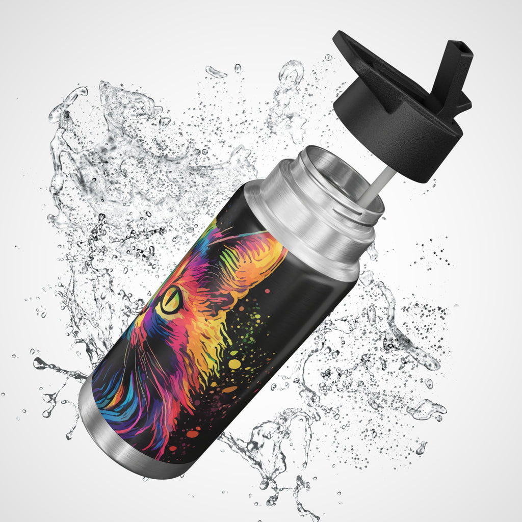 Colorful Cat Stainless Tumbler — 32oz Rainbow Neon Kitty Water Bottle