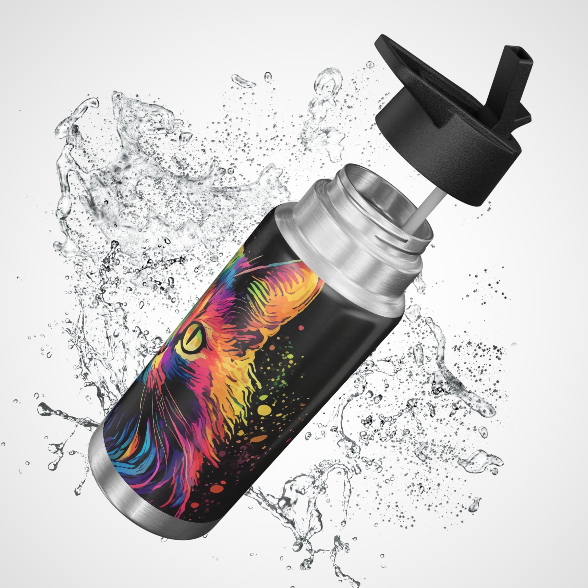 Colorful Cat Stainless Tumbler — 32oz Rainbow Neon Kitty Water Bottle