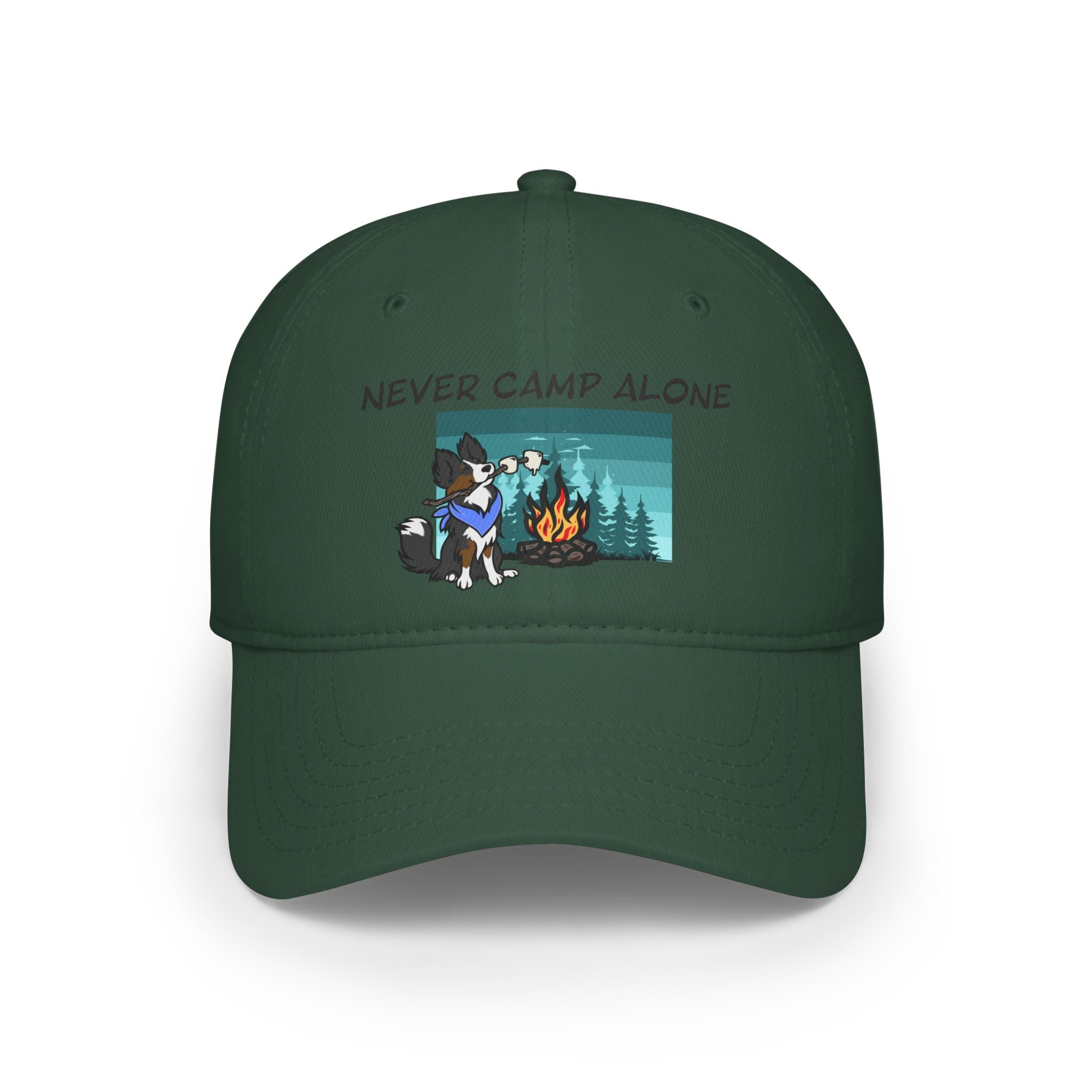 Never Camp Alone Hat — Camping Cap with Dog & Campfire Design