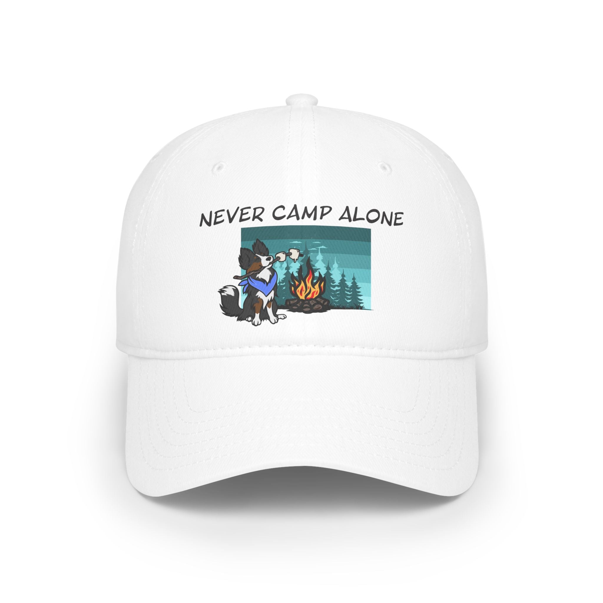 Never Camp Alone Hat — Camping Cap with Dog & Campfire Design